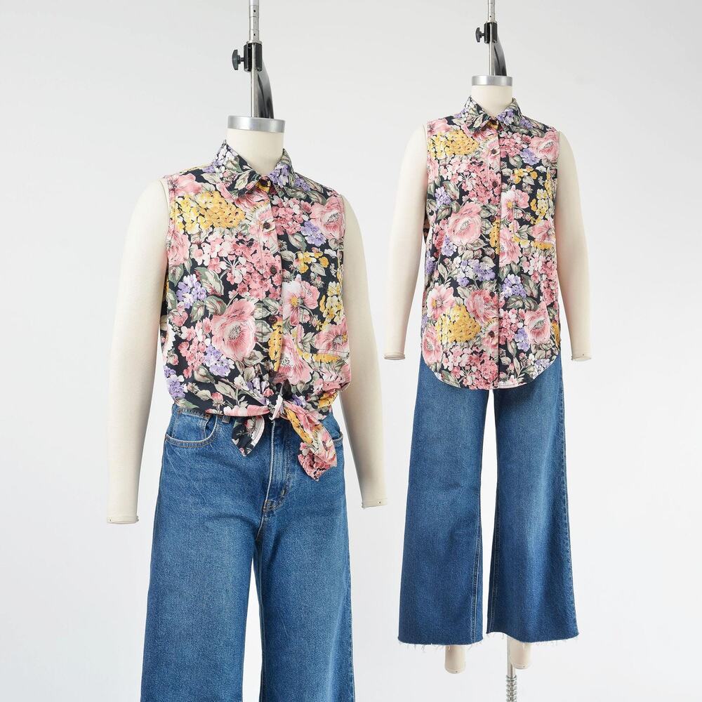 Vintage 80s Floral Cotton Shirt Sleeveless Collared Button Down Blouse S M